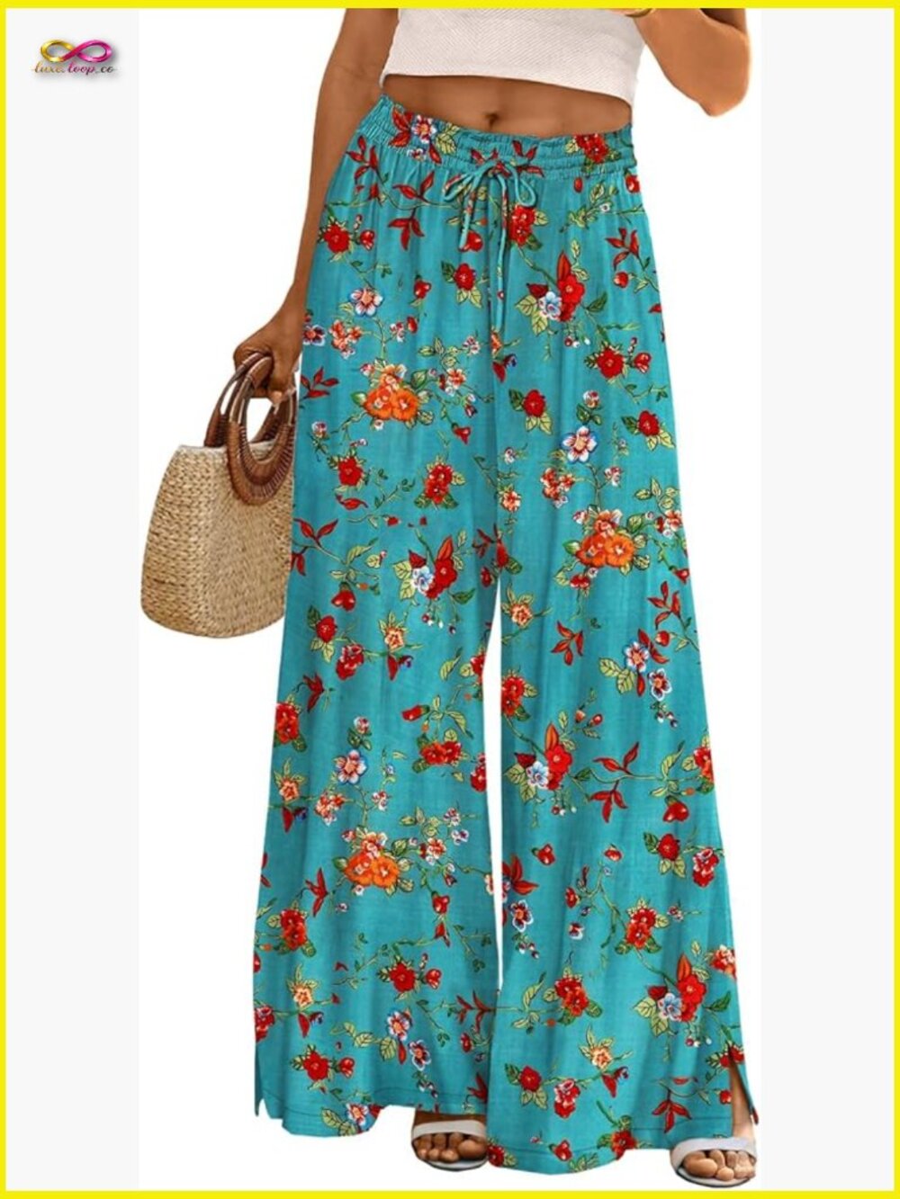 Wide Leg Palazzo Pants Elastic Waist Flowy Summer Boho Lounge Drawstring Pockets